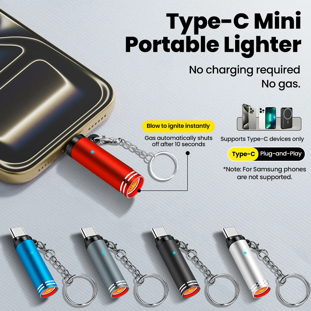 Adaptador de encendedor de cigarrillos portátil tipo C, encendedor de cigarrillos con soplado de aire, seguridad Led, sin llama, apagado automático con llavero - imagen 2