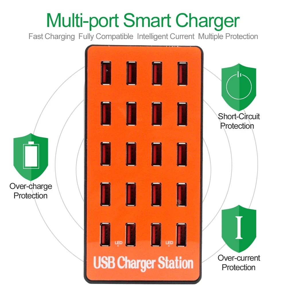 Cargador USB de múltiples puertos, estación de carga portátil de 80W y 20 puertos, adaptador de cargador de teléfono inteligente para Samsung, Xiaomi y Huawei - imagen 3