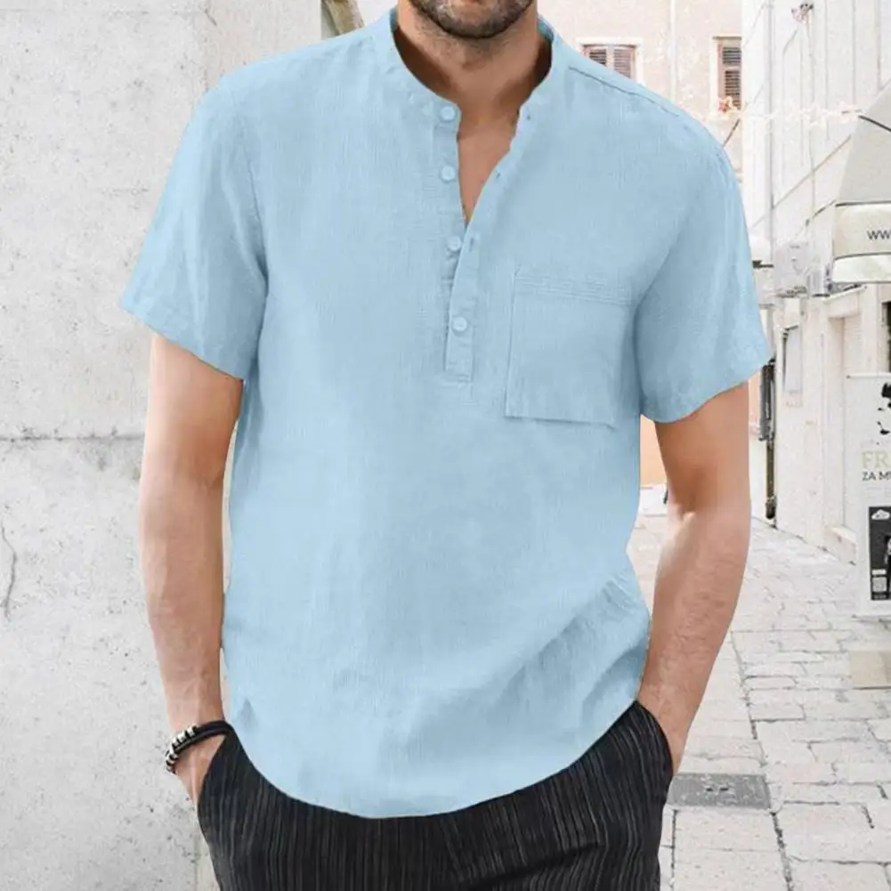 Camisa de un solo pecho para hombre, camisa elegante de verano con cuello levantado, bolsillo en el pecho, estilo de viaje de negocios, Top informal - imagen 5