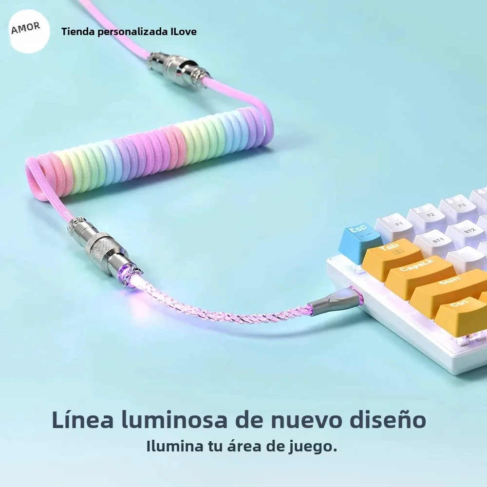 Cable de teclado en espiral de iluminación Cable USB C con línea RGB Cable de teclado mecánico Cable de teclado de aviador de doble manga - imagen 2