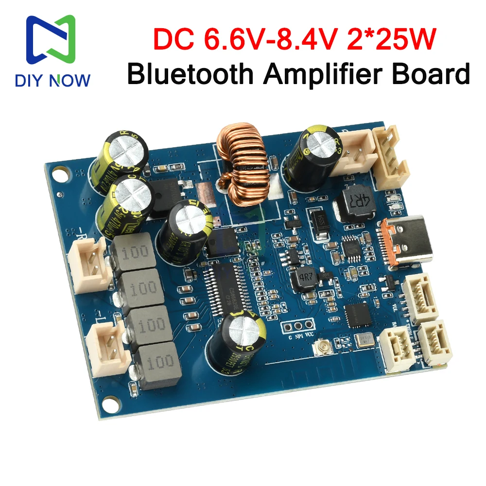 Módulo amplificador Bluetooth renovable de 2x25W, conector para auriculares de 3,5mm, perillas de entrada/salida, agudos/bajo, carga integrada de 7,4 V