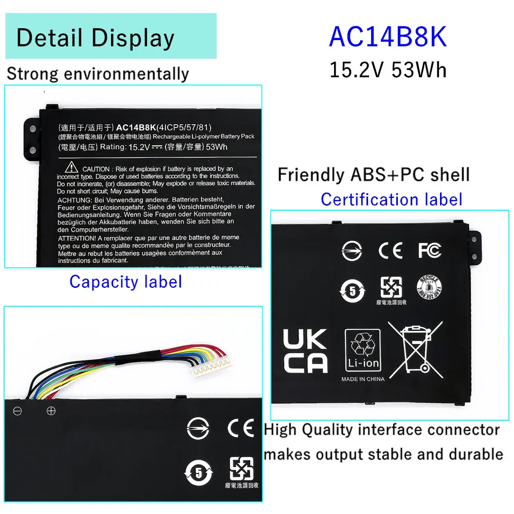 Batería del ordenador portátil para Acer Chromebook 11 CB3-111 15 C910 para Aspire E3-111 E3-112 ES1-512 E5-771G ES1-311 V3-371 ES1-511 AC14B8K - imagen 2