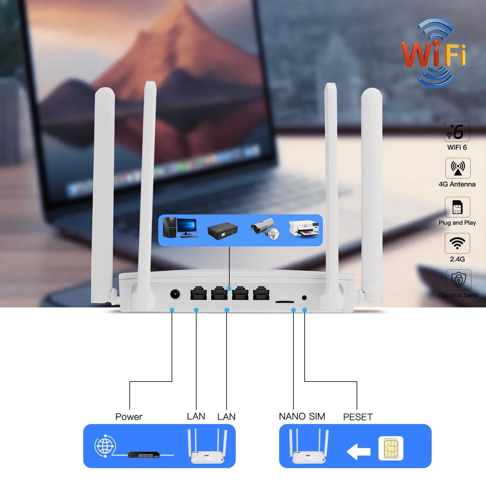 Enrutador KuWFi CAT4 4G LTE 300Mbps 2,4G enrutador inalámbrico Wi-Fi6 4x puerto Ethernet con antena externa ranura USIM hasta 32 usuarios VPN - imagen 4