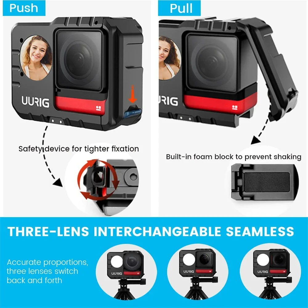 Jaula de montaje profesional para Insta360 One Rs 4X 1/4 "-20 hilos + zapatas frías duales, Base plegable y protección de lente, marco de conejo de aluminio - imagen 4