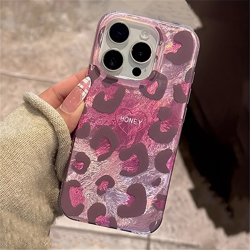 Bonita funda de teléfono con estampado de leopardo rosa láser para iPhone 15 16 14 13 12 11 Pro Max 7 8 Plus X XS XR elegante funda de silicona con forma de corazón de amor - imagen 4