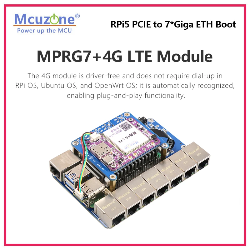 MPRG7, placa Ethernet Raspberry Pi 5 PCIE a 7xGiga, sin controlador con sistema operativo RPi y OpenWRT, compatible con Ubuntu, enrutador - imagen 2