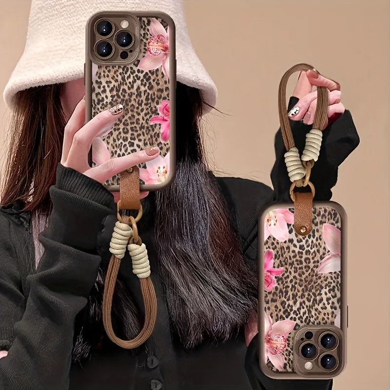Funda de teléfono con correa de escritura Floral rosa con estampado de leopardo para iPhone 17 Pro Max 16 15 14 13 12 11 16E XS X XR 7 8 Plus cubierta a prueba de golpes