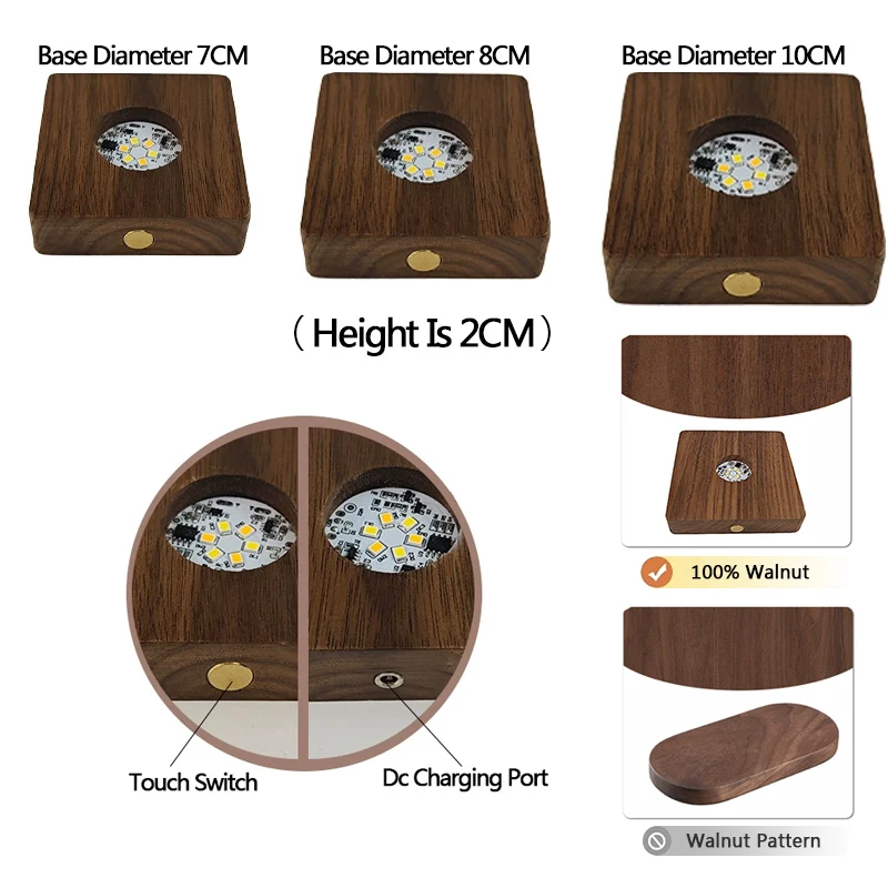 Base luminosa cuadrada de madera, luz nocturna inalámbrica de nogal negro, soporte de lámpara artesanal acrílica, Base de bola de cristal - imagen 5