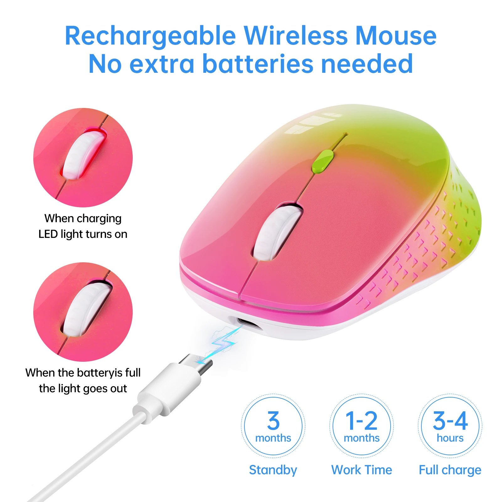 Ratón inalámbrico recargable para ordenador portátil, Mouse óptico silencioso USB y tipo C, 3 DPI ajustables, Mac, MacBook, Android, PC - imagen 3
