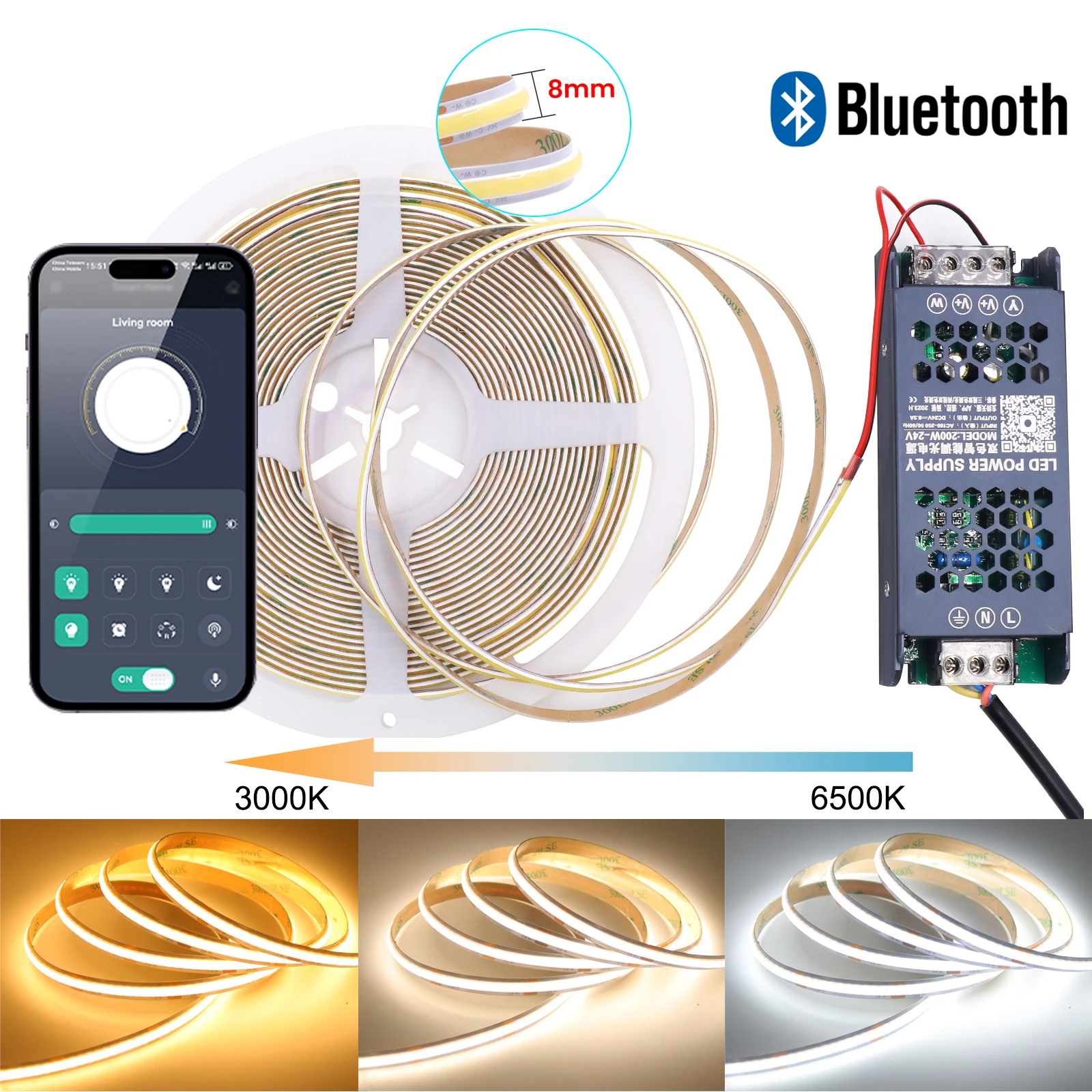 Fuente de alimentación de atenuación Bluetooth DC24V CCT, Kit de luces de tira LED COB regulables, 576leds/m, Control por aplicación RA90, cinta Flexible, decoración de habitación