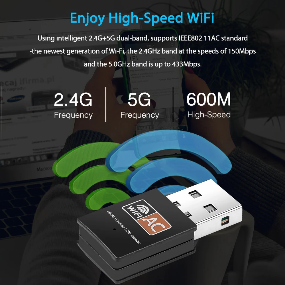 Kebidumei-Adaptador WiFi de doble banda, 600Mbps, 2,4G, 5G, 802.11AC, USB, Wifi, Lan, Dongle, tarjeta de red inalámbrica, receptor Wi-Fi para PC y portátil - imagen 2