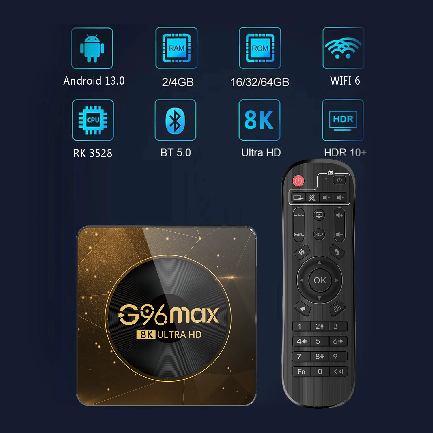 Android 13 G96 Max 8K Smart TV Box Amlogic RK3528 2,4G y 5G 4GB 64GB BT5.0 Wifi6 AV1 reproductor multimedia de vídeo TV Box decodificador - imagen 2