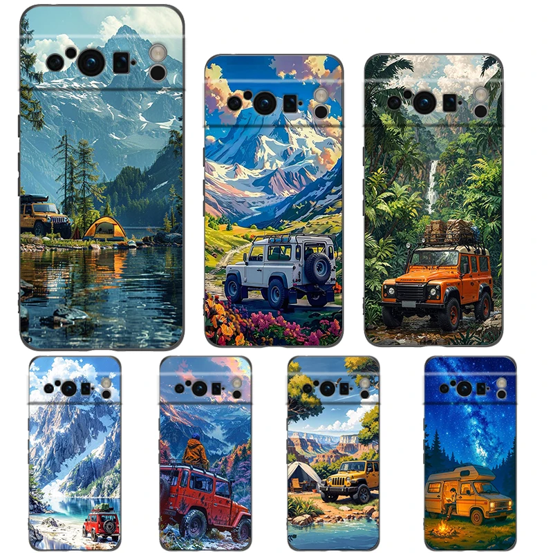 Funda de teléfono para vehículo de viaje forestal, funda negra de TPU suave a prueba de golpes para Google Pixel 10 9 8 7 6 Pro XL 9A 8A 6A 7A 5G