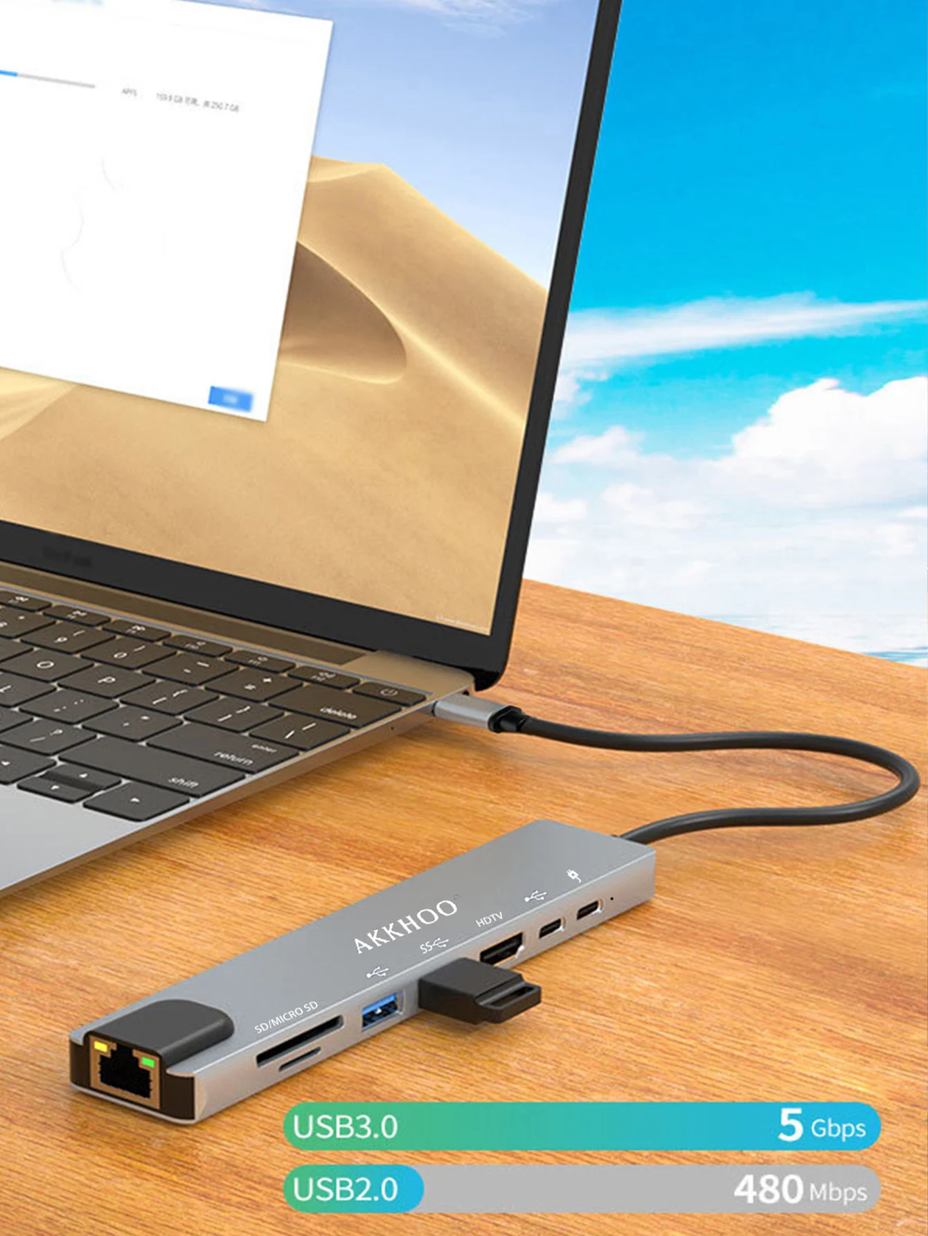 AKKHOO USB-C 4K HDTV 5Gbps Mini estación de acoplamiento para computadora portátil (1,27x0,55 pulgadas), carga rápida PD100W, 8 en 1, estación de acoplamiento para teléfono - imagen 3