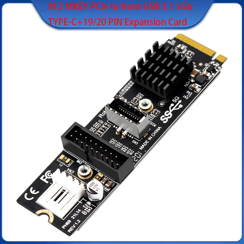 1 unidad M.2 MKEY PCIe a USB frontal 3,1 5Gb TYPE-C + tarjeta de expansión de 19/20 pines PH69 M.2 M Key accesorio Compatible con múltiples sistemas