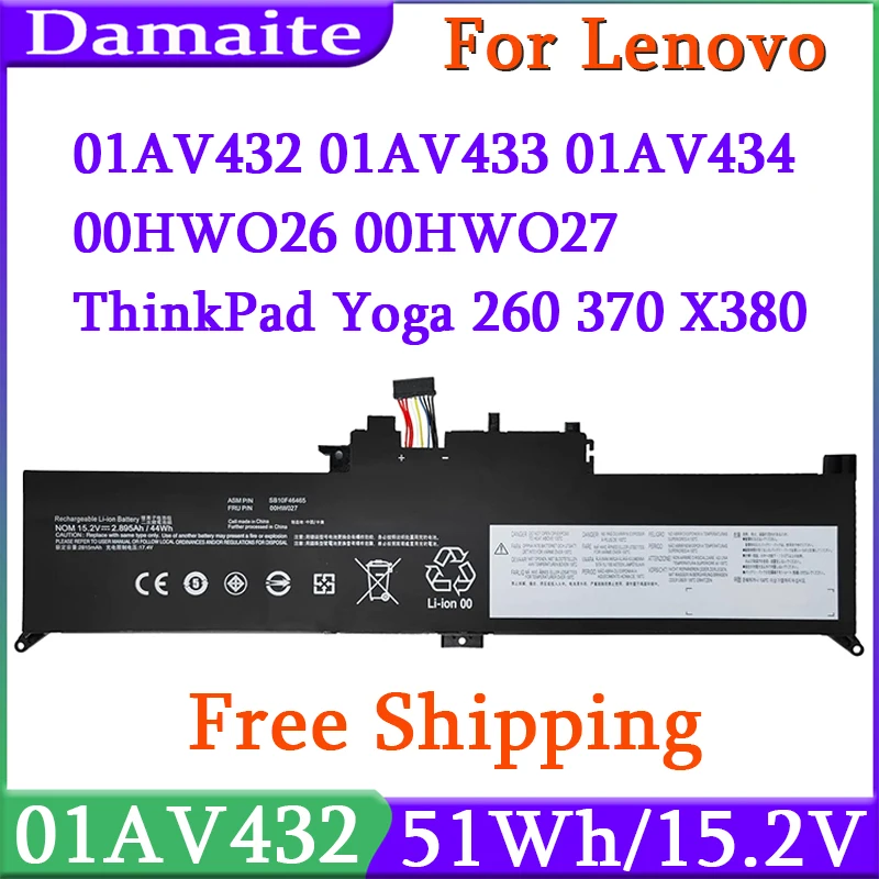 01av434 01av432 batería del ordenador portátil 00hw026 00hw027 para Lenovo ThinkPad Yoga 260 370x380 sb10k97589 sb10k97590 sb10k97591 51wh 15,2 V