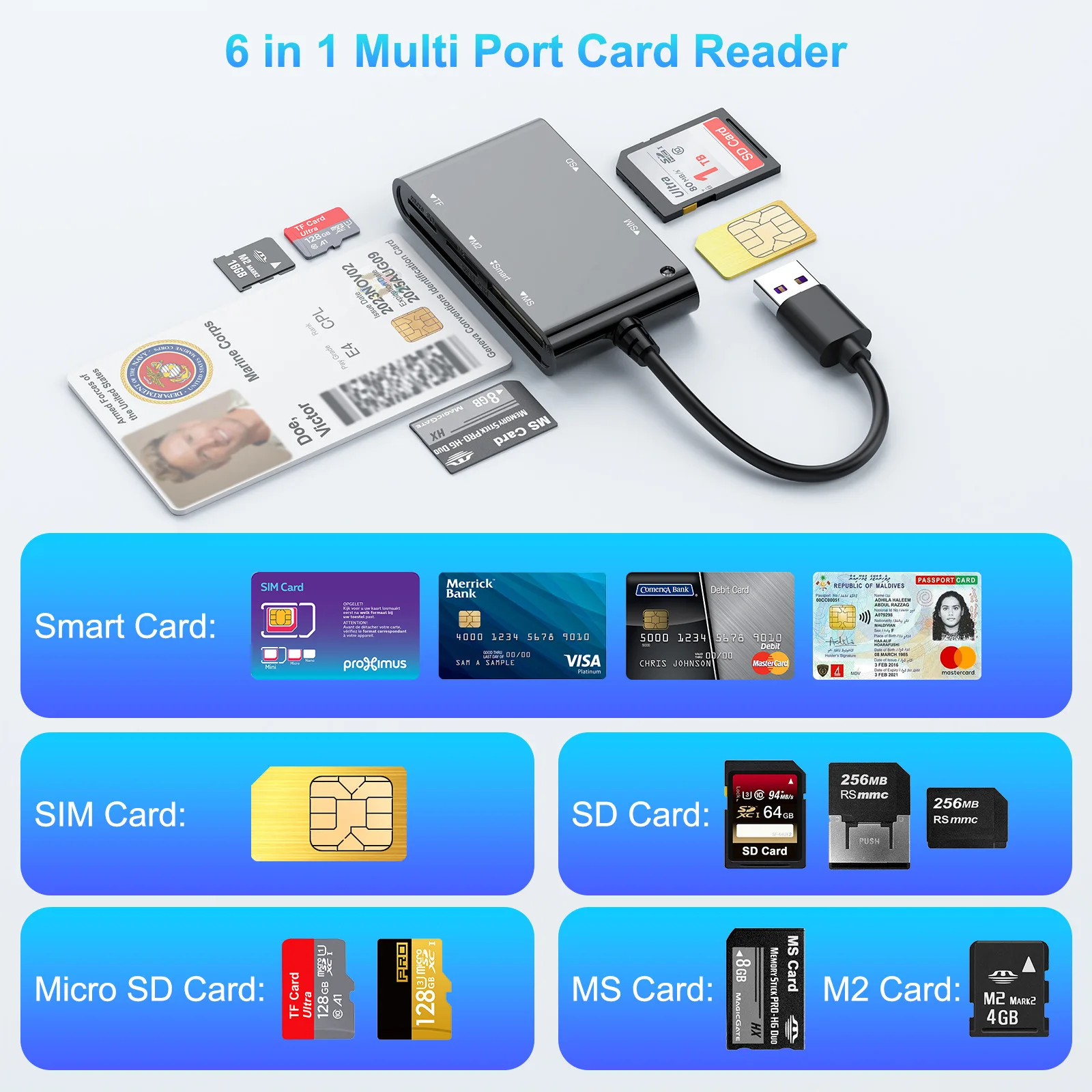 UTHAI CR375 Accesorios para computadora portátil Lector de tarjetas inteligentes 6 en 1 Smart/MS/M2/TF/SIM/SD Tarjeta de identificación Tarjeta bancaria Lector de tarjetas de seguridad social - imagen 2