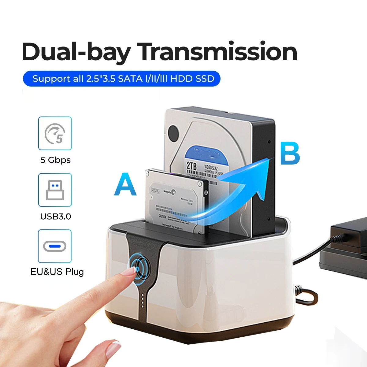 Estación de acoplamiento HDD de doble bahía SATA a USB 3,0, caja clonada HDD para SSD de 2,5/3,5 pulgadas, adaptador de disco duro para ordenador portátil - imagen 2