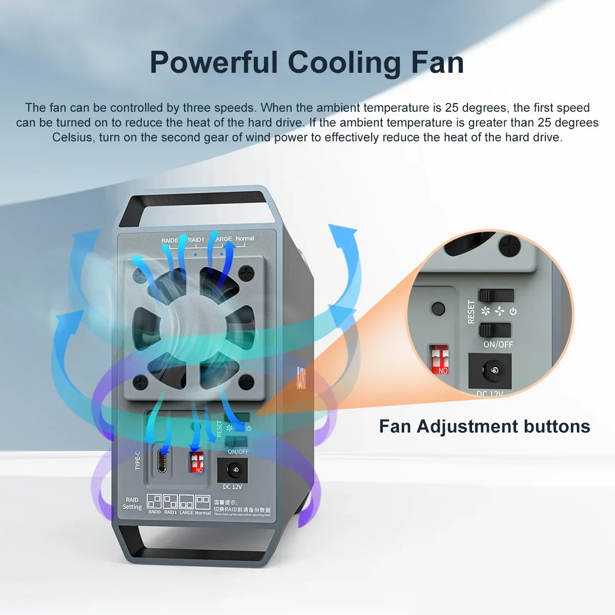 Caja de disco duro MAIWO de 3,5 pulgadas, caja de matriz RAID de doble bahía, caja externa de disco SATA a tipo C, cuatro modos RAID con ventilador - imagen 4