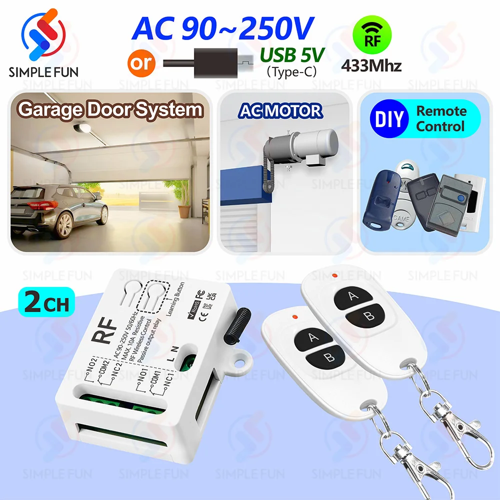 433MHz 2 CH interruptor de Control remoto de Motor 90V-250V USB 5V módulo receptor RF para Motor/abridor de puerta de garaje/control remoto DIY - imagen 2