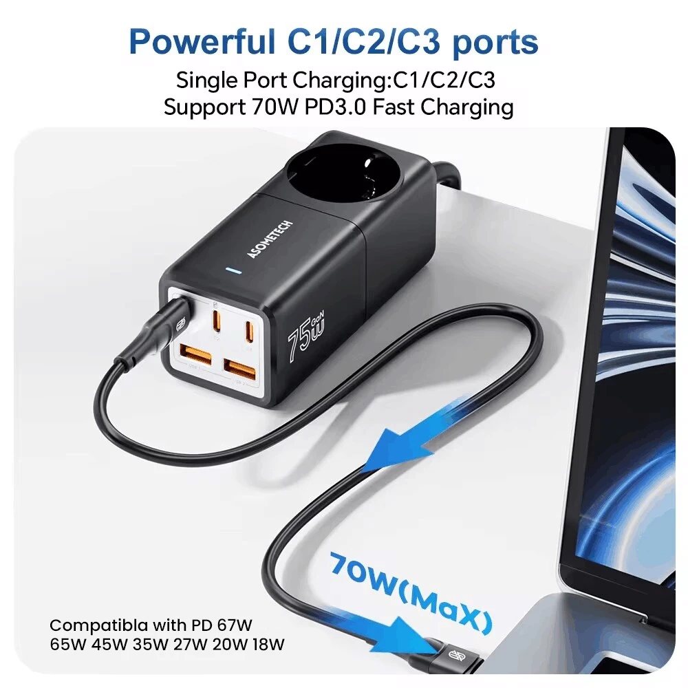 ASOMETECH-cargador de escritorio GaN de 75W, estación de carga de tira de alimentación de 4000W, potencia nominal de 70W, PD, Cargador rápido para iPhone, Samsung, portátil - imagen 3