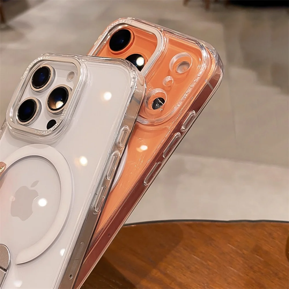 Funda de teléfono magnética de PC altamente transparente con soporte plegable de lujo para iPhone 17 16 15 14 13 12 Pro Max para cubierta de carga inalámbrica Magsafe - imagen 5