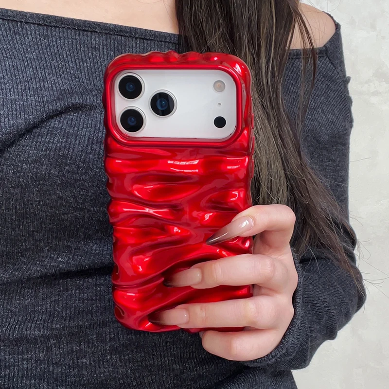 Popular de lujo rojo brillante lindo 3D crema Irregular pliegues funda de teléfono para iPhone 17 Air 16 Pro Max 13 15 14 Plus - imagen 5