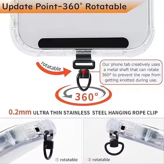 Clip de cordón de teléfono giratorio 360, junta de lengüeta de sujeción de acero inoxidable de Metal, conector adaptador de soporte de correa de teléfono antipérdida Universal - imagen 3