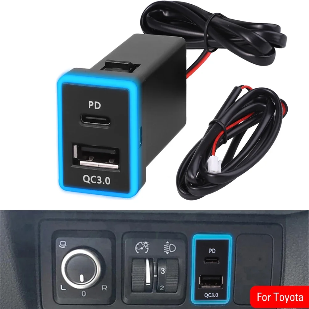 Cargador de coche USB C tipo C PD QC3.0, enchufe de cargador rápido USB Dual, adaptador de corriente de carga de teléfono de 12V para Toyota - imagen 2