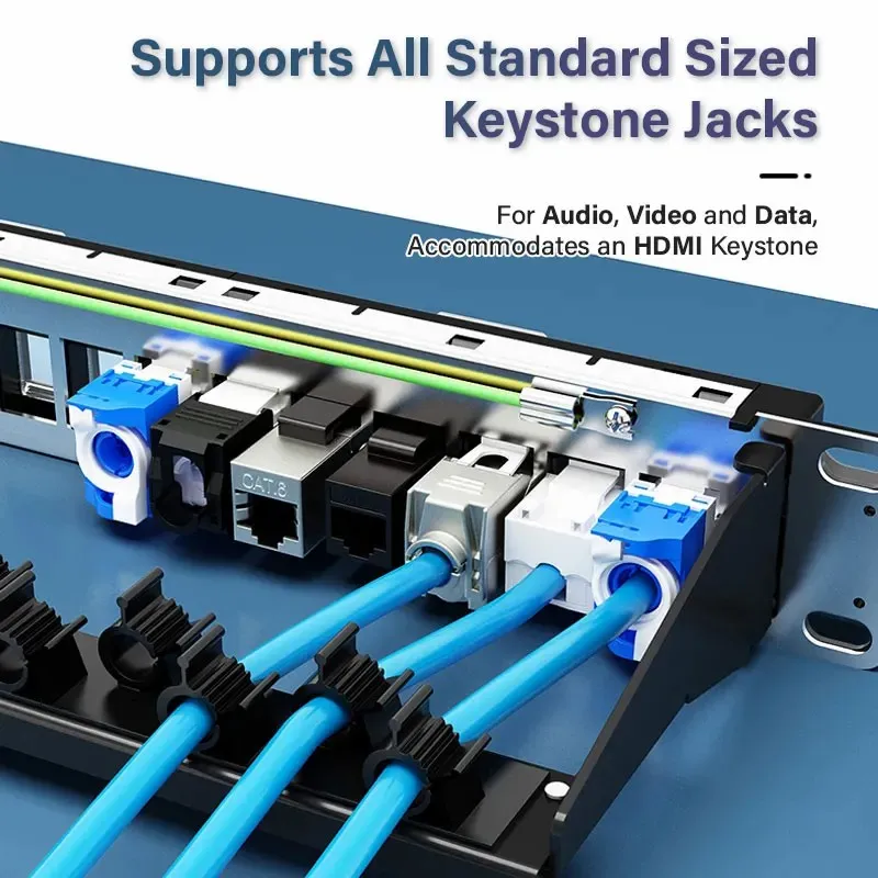 Panel de conexión blindado ZoeRax RJ45 con conector Keystone CAT7 1U Panel de conexión de 19 pulgadas con barra trasera extraíble para cable Ethernet CAT7/6A - imagen 3