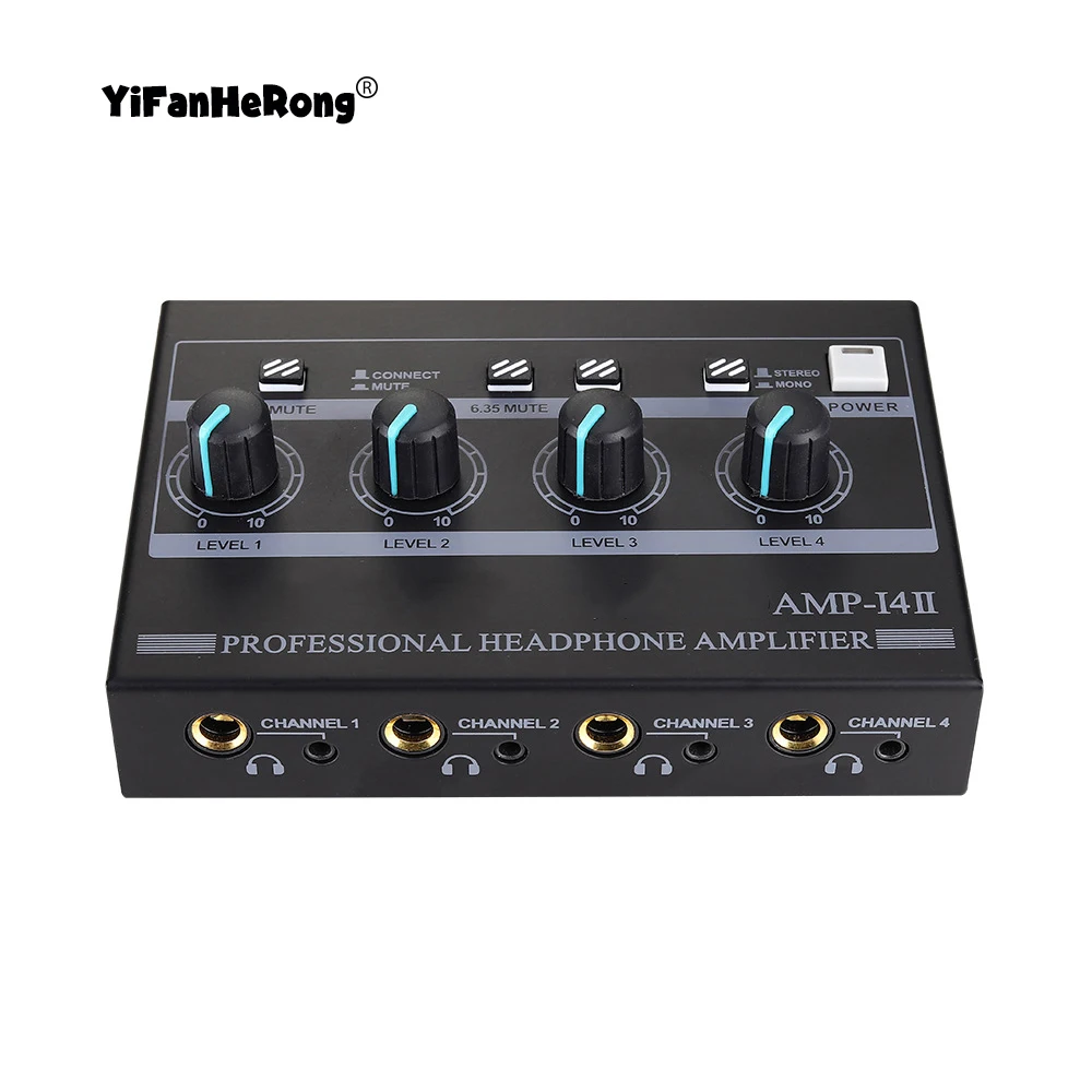 Amplificador de auriculares profesional de 4 canales compatible con amplificador de audio mono/estéreo con entrada RCA y 3,5 mm y 6,35 mm para estudio y escenario