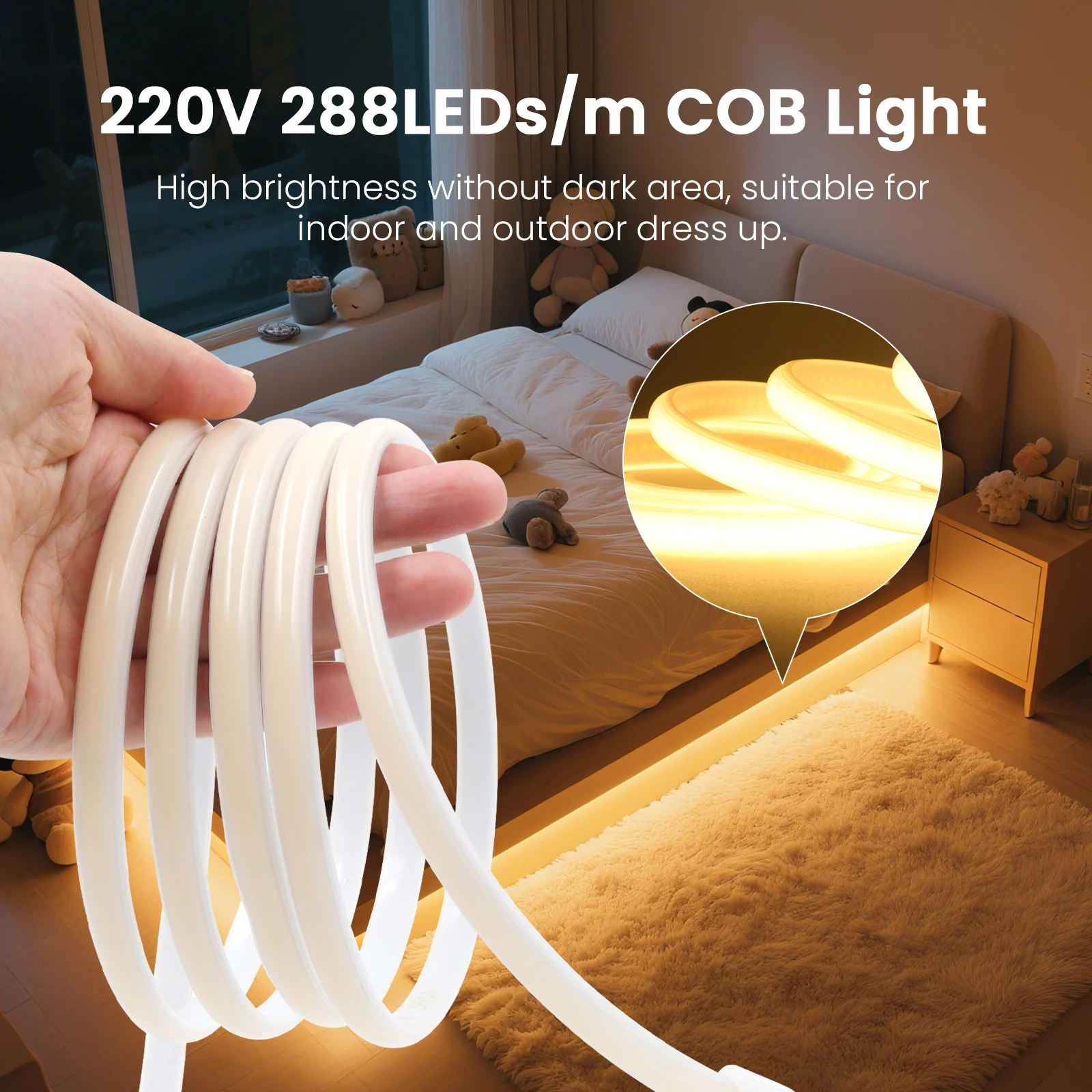 Tira de luces LED COB superbrillantes de 220V con interruptor, cinta Flexible, enchufe europeo, luces de neón blancas/rojas/azules/rosas para cocina, habitación y jardín - imagen 5