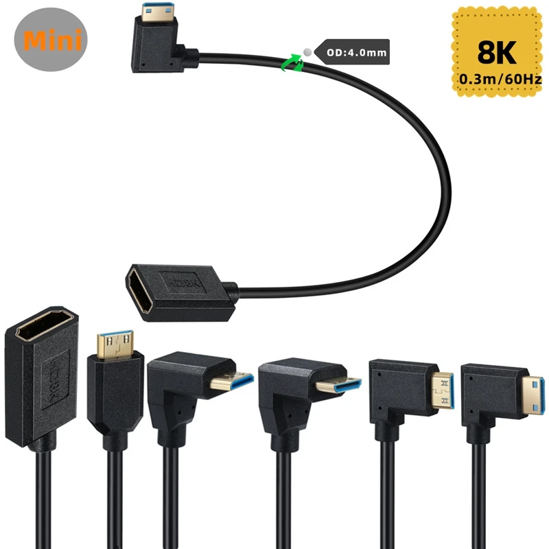 0,3 m 2,1 V 8K 60Hz ángulo de 90 grados Mini HDMI macho a HDMI hembra Cable fino HD OD4.0mm Cable de extensión