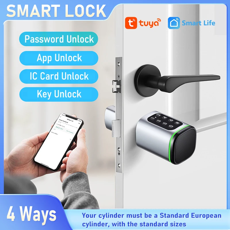 Cerradura de combinación inteligente Tuya con cilindro europeo, compatible con tarjeta IC/desbloqueo remoto por aplicación a través de puerta de enlace Bluetooth, funciona con Smart Life - imagen 2