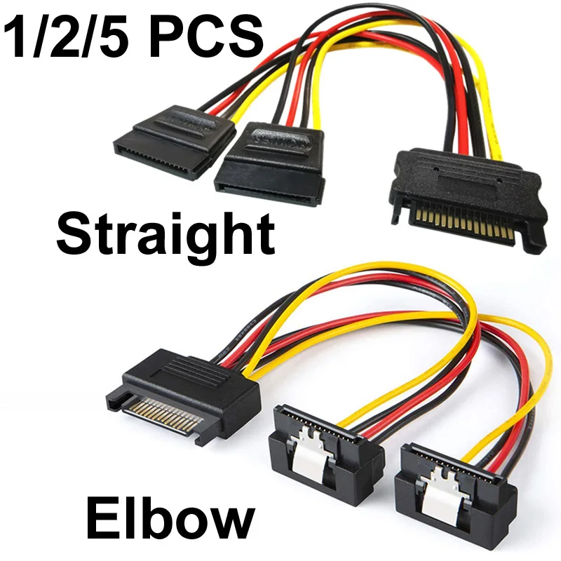 Cable de alimentación de 20cm, conector divisor de HDD, 1/2/10 piezas, codo recto de 90 grados, SATA, 15 Pines, macho a 2x15 P, hembra Y 15 pines
