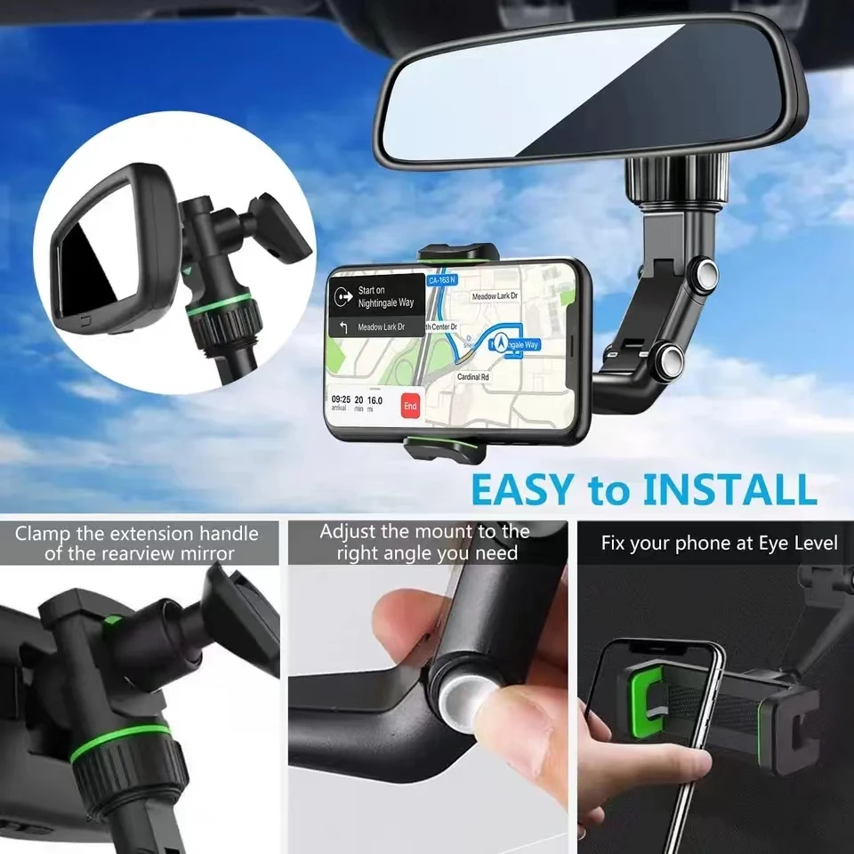 Soporte para teléfono con espejo Earview, 360 °   Soporte retráctil giratorio para teléfono de coche, soporte multifuncional para espejo retrovisor para teléfonos - imagen 4