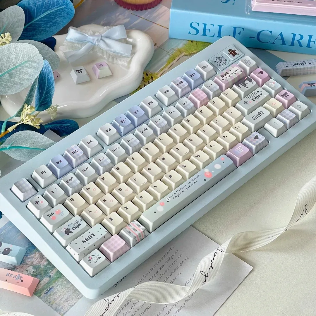 Teclas de color blanco lechoso y azul para teclado mecánico, teclas bonitas de sublimación PBT con perfil de cereza, 129 teclas