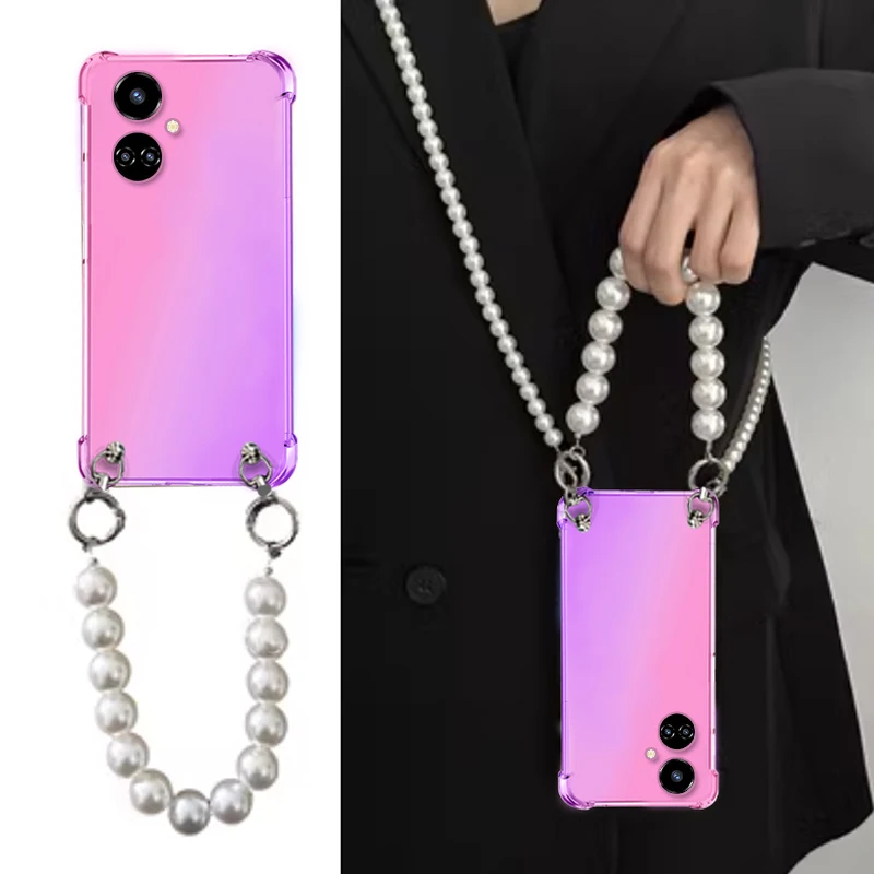 Funda cruzada con cordón de perlas para INFINIX, TECNO Camon 19 Pro, 18, 17, 16, 15 pro, pulsera, cadena, gradiente transparente, funda trasera para teléfono - imagen 2