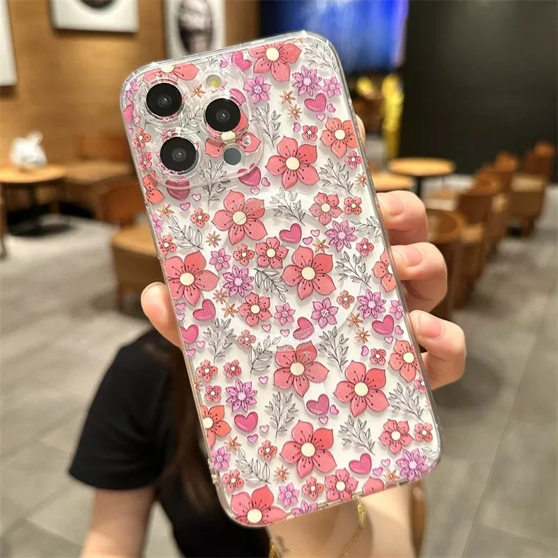 Funda de teléfono magnética Ins mariposa flor Magsafe para IPhone 16 15 14 13 12 11 8 7 Plus Pro Max X XR XSMax cubierta de Tpu transparente suave - imagen 5