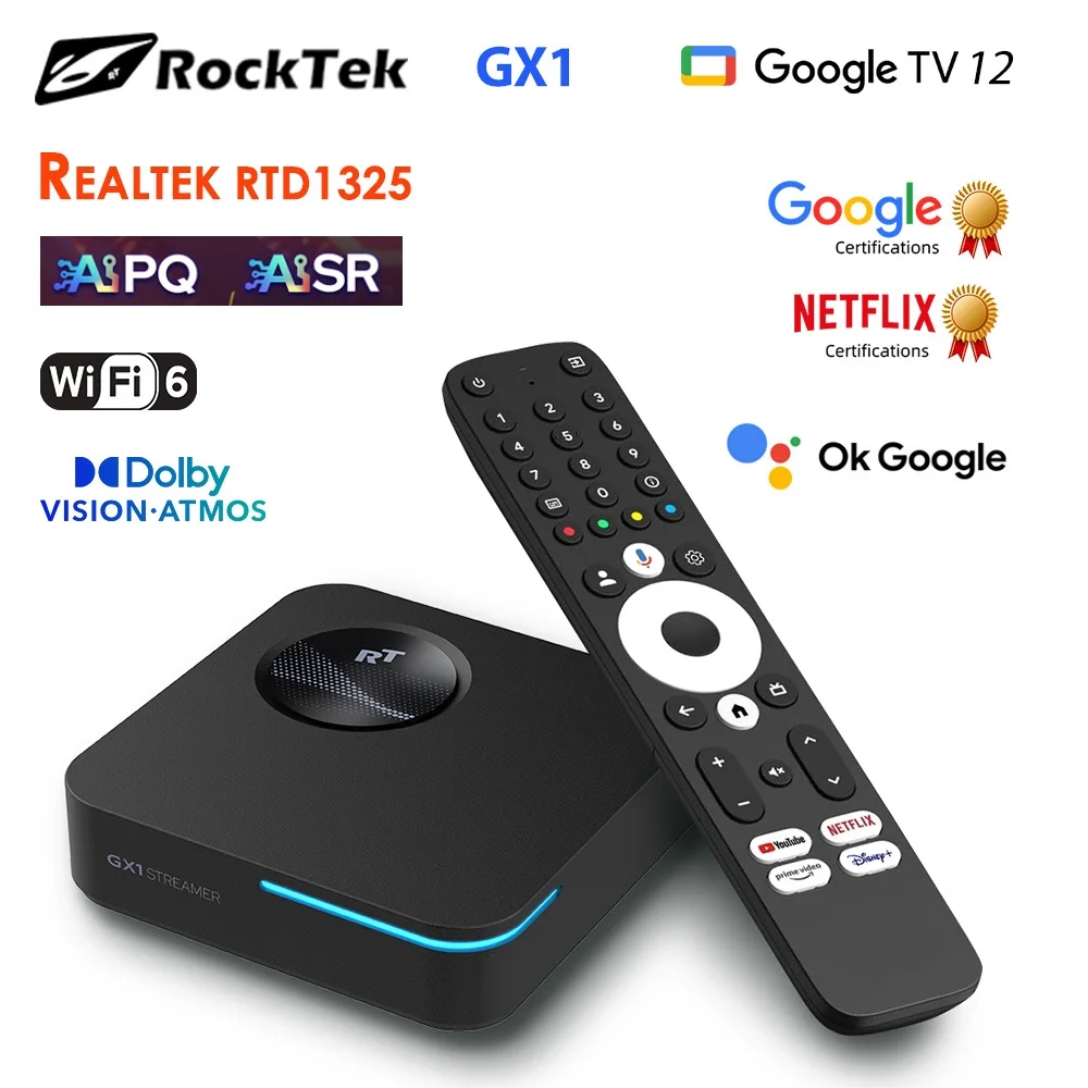 RockTek GX1 UHD Google TV 12 Box Netflix Certificación Google 4GB 32G Realtek1325 Soporte Dolby Atmos 2T2R Wifi6 BT5.2 Android TVBox