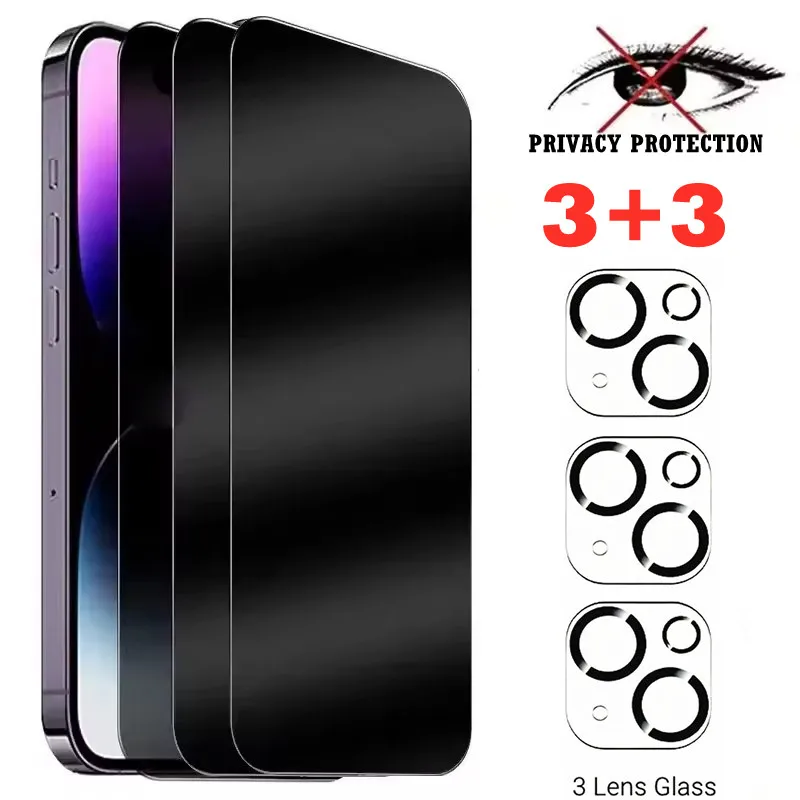 Vidrio de protección de privacidad 6 en 1 + lente de cámara 3D Protector de pantalla transparente antipeep para iPhone 17 16 15 Pro Max 13mini 14 Plus 16e