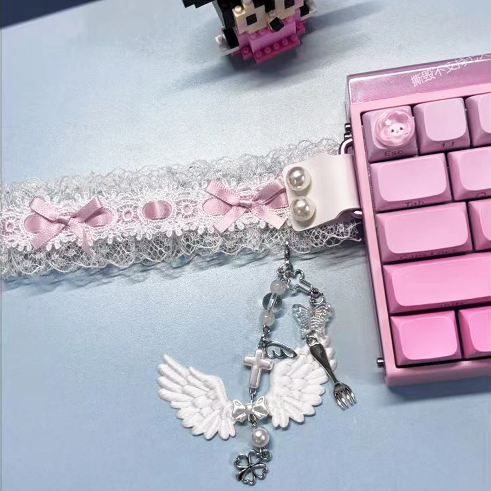 Correa de teclado de encaje DIY, cinta de teclado de encaje elegante con hebilla y dijes, correa personalizable para ordenador portátil, decoración única para teclado - imagen 2
