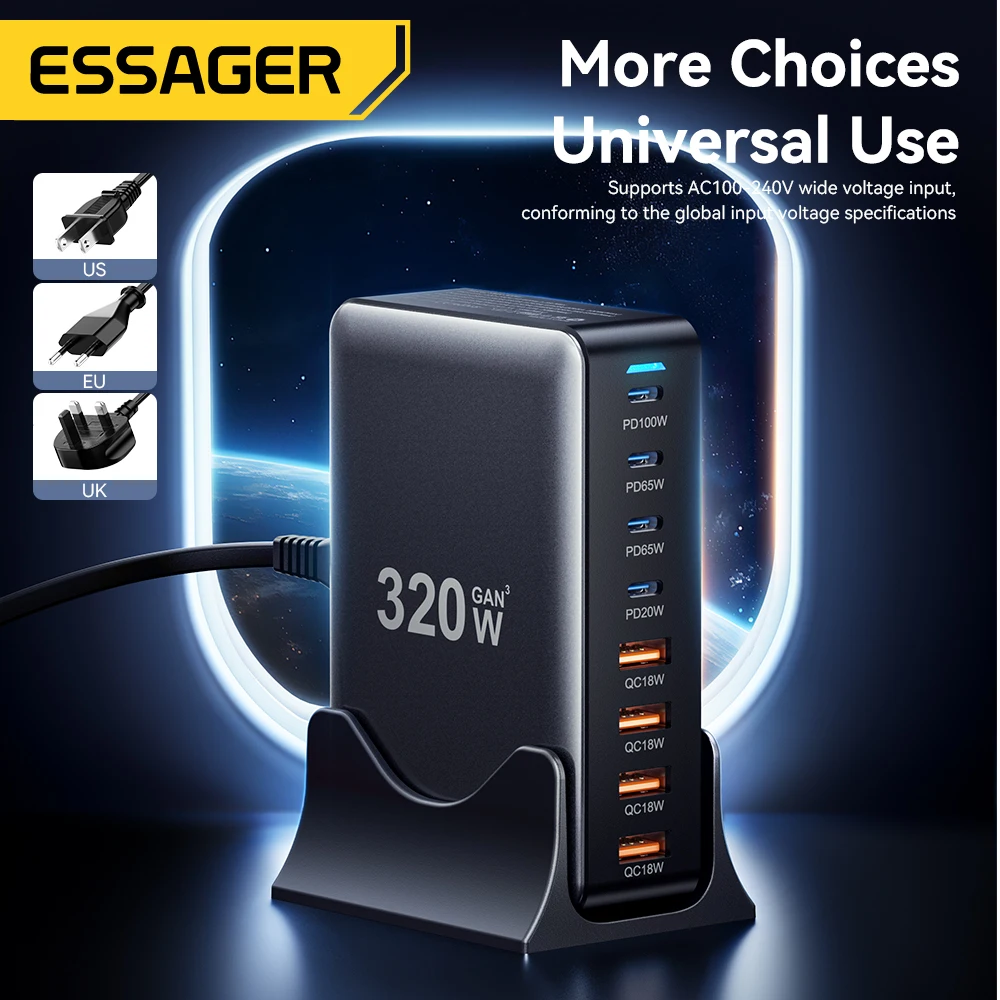 Essager-cargador GaN de 320W, estación de carga de escritorio USB tipo C de 8 puertos PD 100W, carga rápida para iPhone 17 16 15 iPad MacBook y portátil - imagen 3