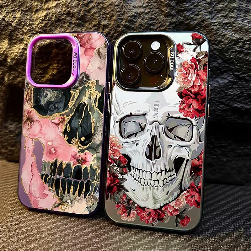 Funda de teléfono de dibujos animados florales y calavera de lujo para iPhone 16 15 14 13 PRO MAX 11 12 13 PRO X XS XR 7 8 Plus, carcasa protectora Y2k - imagen 2