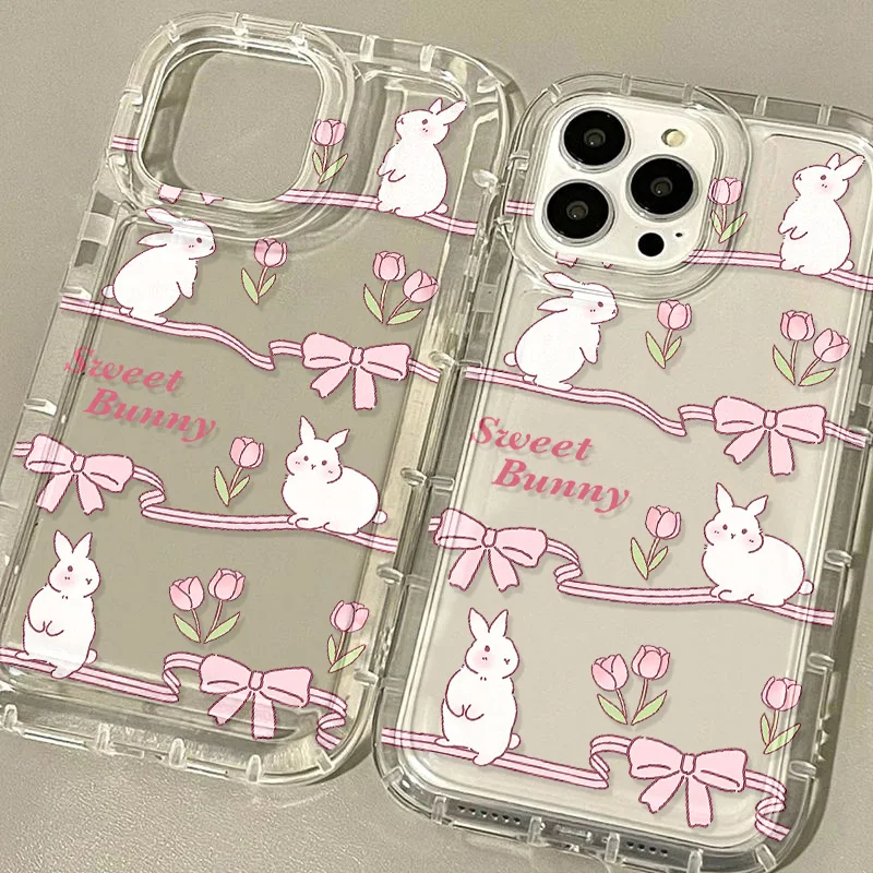 Bonita Funda de teléfono de conejito para iPhone, 11, 15, 13, 14, 12 Pro Max, XR, X, XS, 7, 8 Plus, 15Pro Max, 13Pro Max, 6 SE, 2020, Funda de silicona transparente - imagen 2