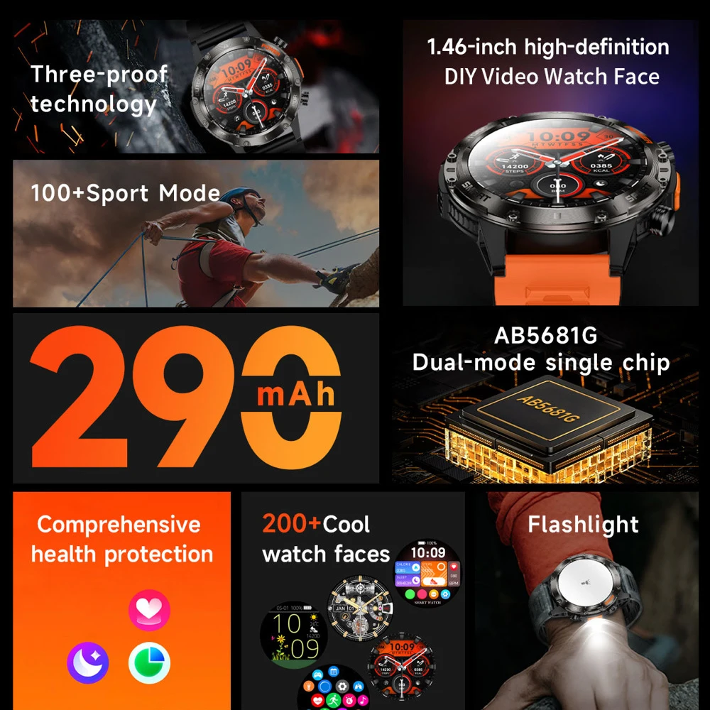 Reloj inteligente con llamada de diente azul, Monitor de salud, linterna LED para exteriores, relojes inteligentes para hombres, esfera de vídeo DIY, más de 100 modos deportivos, resistente al agua - imagen 2