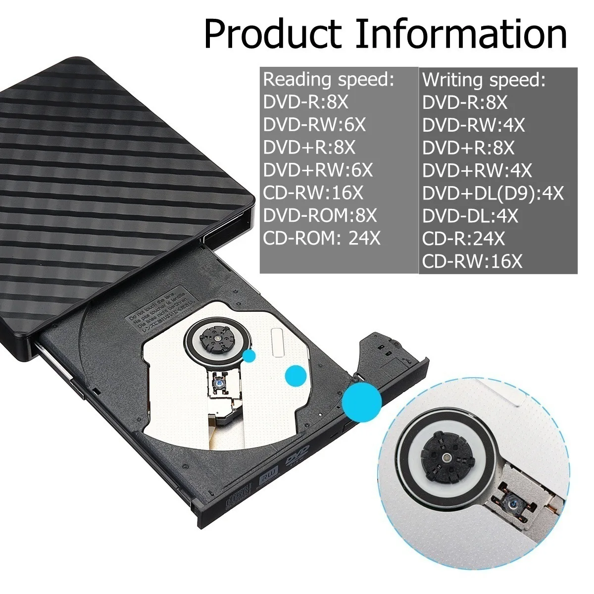 Reproductor de DVD externo Delgado 2 en 1, unidad grabadora de CD RW, lector de unidad óptica para portátil, PC, quemador de DVD portátil, USB 3,0 tipo C - imagen 3