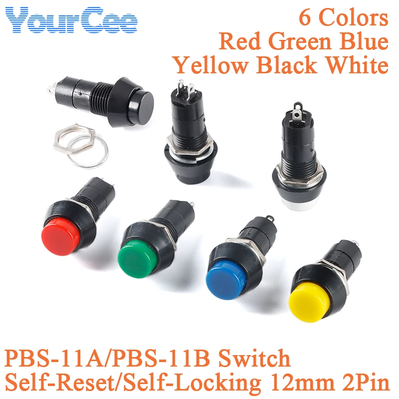 Interruptor de botón de bloqueo automático de 7/12mm PBS-11A PBS-11B interruptor redondo reinicio sin bloqueo autorecuperación 3A 250VAC 2 pines 6 colores PBS-110