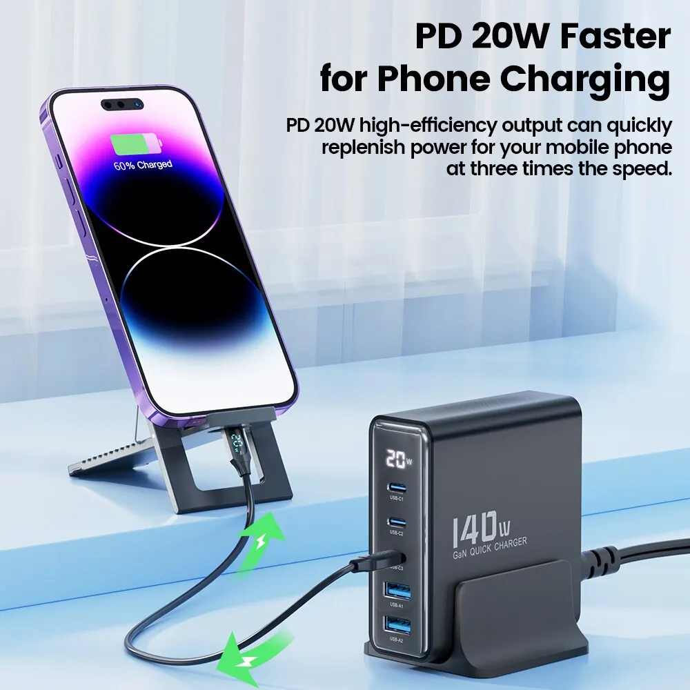 Toocki-cargador USB GaN 5 en 1 de 140W, dispositivo de carga rápida de escritorio, tipo C, pantalla LED, para iPhone, Xiaomi, Smartphone y portátil - imagen 3