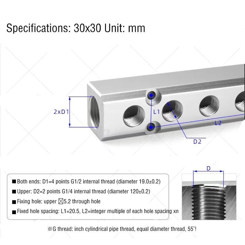 Distribuidor de colector de aire PT1/2 a PT1/4, desviador de drenaje, distribuidor de escape de aceite, fila de distribución de fuente de aire, 2-10 vías, 30x30mm - imagen 2